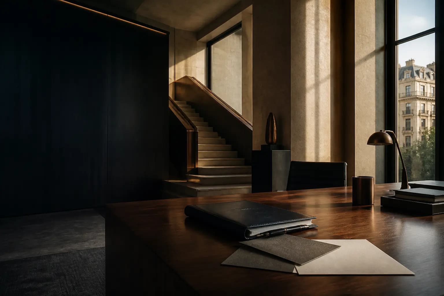 Interior ficticio de un despacho de abogados contemporáneo