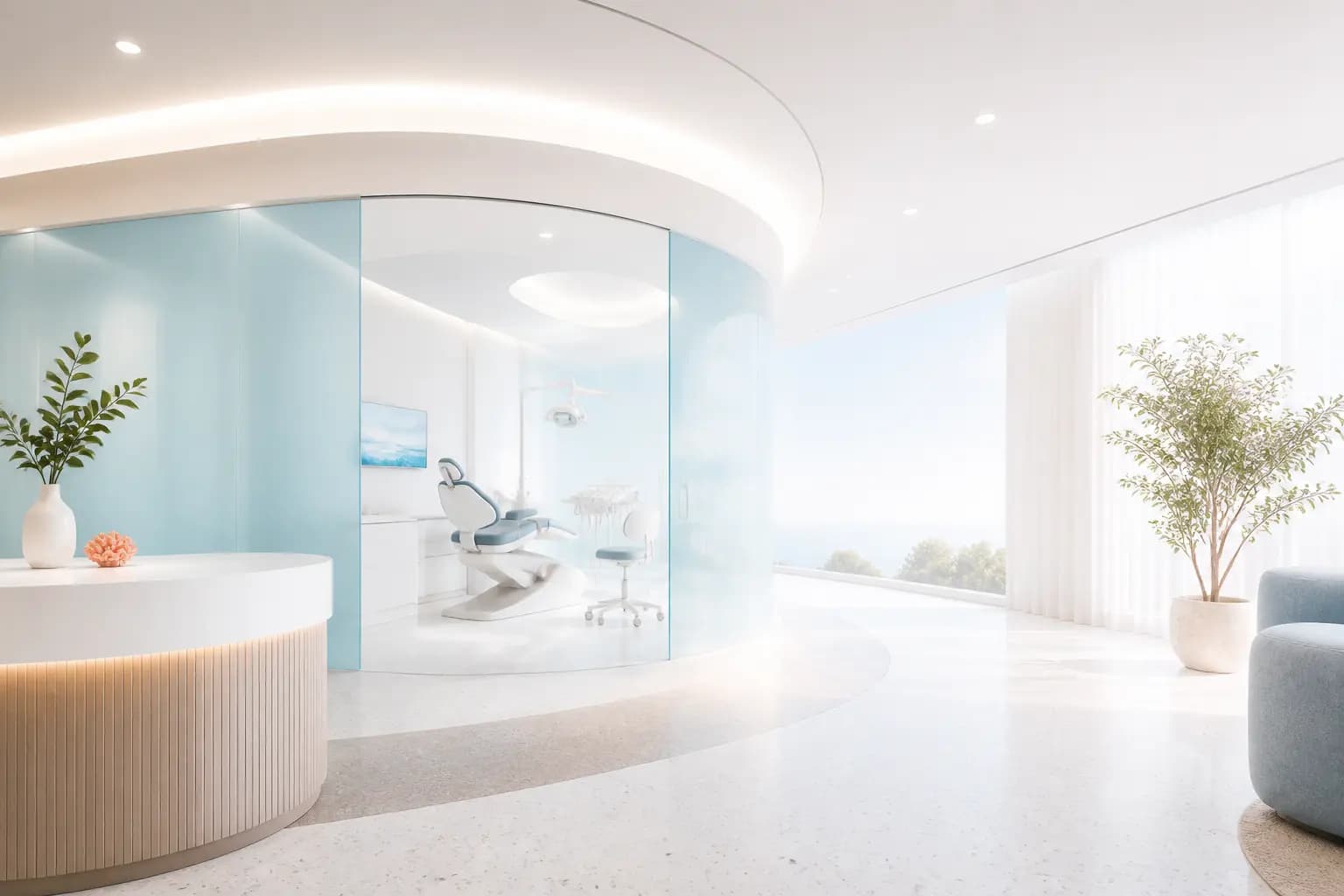 Interior ficticio de una clínica dental moderna y luminosa